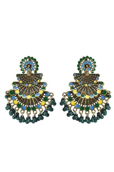 Pursehuit Cercei culoare aurie, masivi, stil indian, cu mărgele verzi, Kaija C4