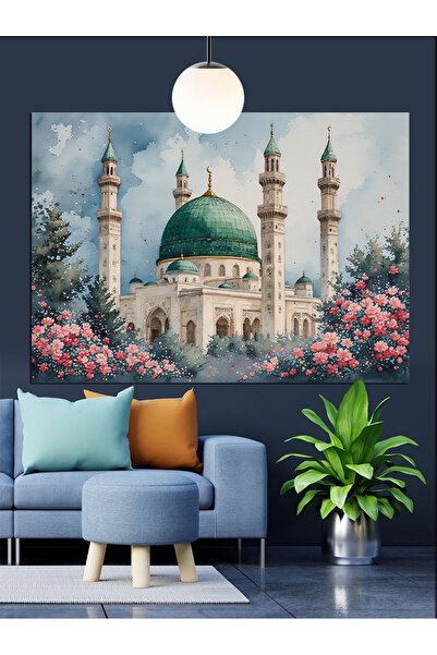 Artmeg Minareleriyle Yeşil Cami Dekoratif Kanvas - Mdf Ahşap Tablo