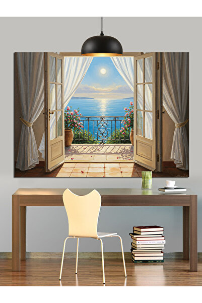 KanvasSepeti Peisaj marin de la ușa balconului Pictură în ulei Texturată Pânz...
