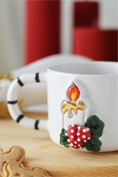 ada mia seramik Handmade Ceramic Mug with Christmas Candle Figure and 24K Gold Decoration, 200ml