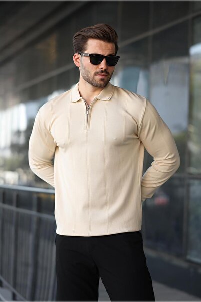Madmext Stone Color Green Polo Collar Zippered Men's Sweater E7427