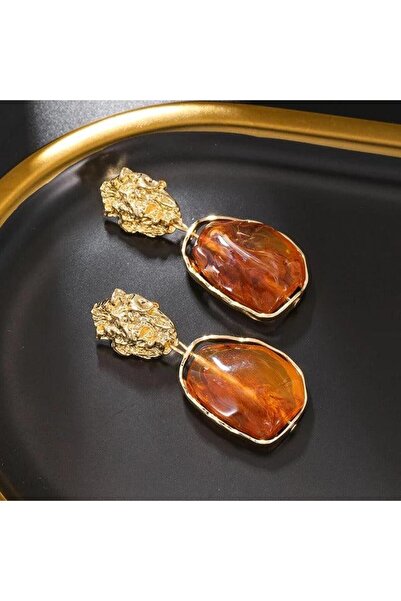 Pursehuit Χρυσά σκουλαρίκια, με κλιπς, ζαρωμένη υφή και καφέ πέτρα, Birge C6