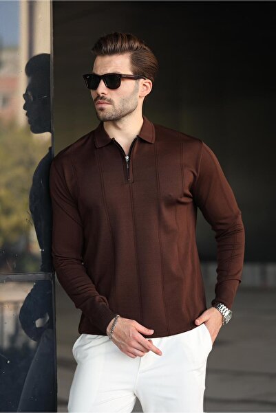 Madmext Brown Polo Neck Zippered Men's Sweater E7427