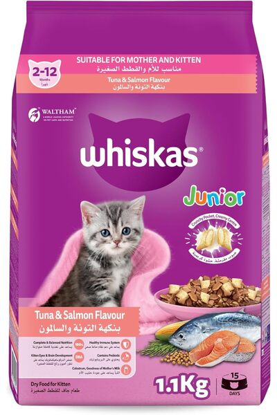 Whiskas طعام جاف للقطط الصغيرة بنكهة التونة والسلمون، كيس 1.1 كجم، طعام للقطط الصغيرة مع البريبايوتكس