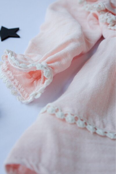 Pio Kids Pamuk Rahat Uzun Kollu,broş ve Dantel Detaylı Müslin 6-24 Ay Kız Çocuk Bebek Elbisesi