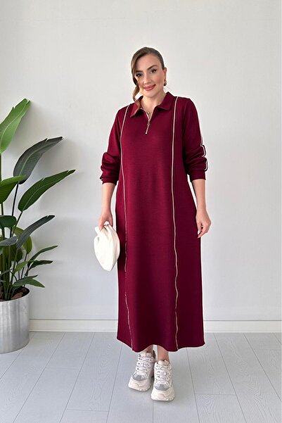 MaziButik Modal Dress with Piping Burgundy