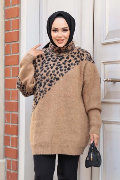 N.S NEVA STYLE Desenli Camel Tesettür Triko Kazak Tunik 8818C