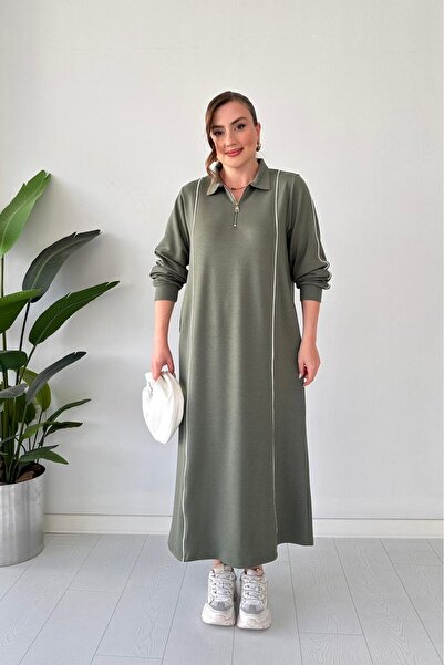 MaziButik Modal Dress with Piping Khaki