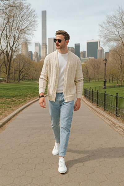 tiggirmoda Men's Knitted Cardigan Jeans 2-Piece Combination