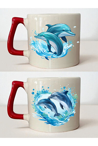 lili hediyelik Dolphin Printed 2-Piece Mug - Baby Girl Gift, Tabletop Gift, Gift for Teacher