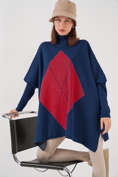 Bigdart 15783 Pulover Poncho cu fante - K. Bleumarin