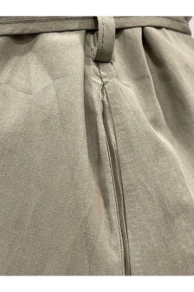 SOLOBUY Cotton Dress With Contrast Embroidery, Buttons, Belt And Pockets, Length Midi, sleeves Long