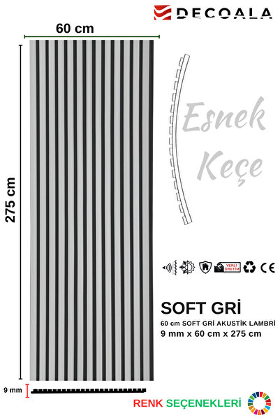 DECOALA MDF Ahşap Akustik Puvar Paneli 60X275 cm- Soft Gri