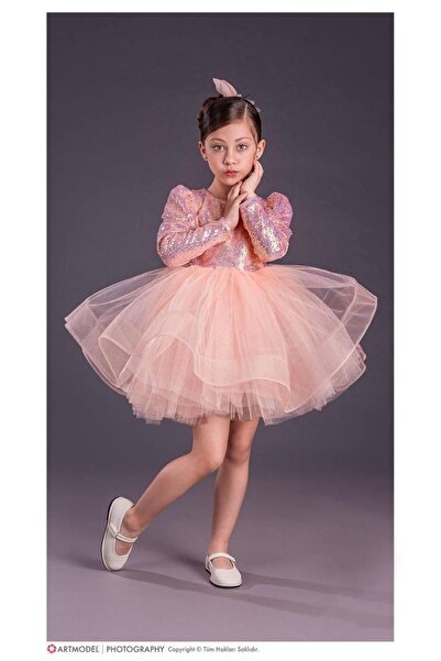 BİLGEN Style KIZ ÇOCUK GREN ETEK BALERİN MODEL PUL DETAY PARTİ ELBİSESİ