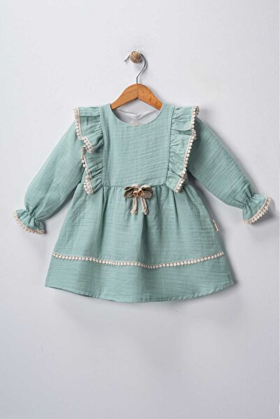 Pio Kids Pamuk Rahat Uzun Kollu,broş ve Dantel Detaylı Müslin 6-24 Ay Kız Çocuk Bebek Elbisesi