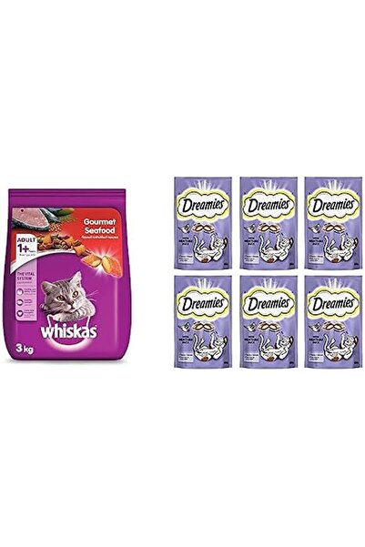 Whiskas طعام جاف فاخر للمأكولات البحرية، كيس ٣ كجم + مكافآت قطط دريميز، بنكهة...