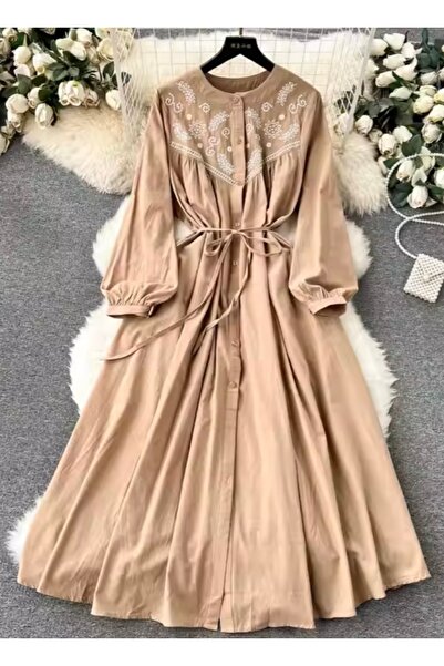 SOLOBUY Cotton Dress With Contrast Embroidery, Buttons, Belt And Pockets, Length Midi, sleeves Long