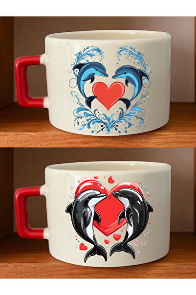 lili hediyelik طقم فناجين قهوة مكون من قطعتين مطبوع عليه دولفين على شكل قلب -...