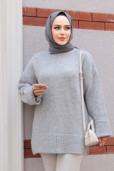N.S NEVA STYLE Gray Modest Knitwear Sweater Tunic 87181Gr