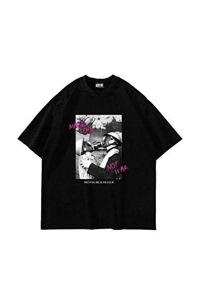 Sekizbiraltı Μαύρο μπλουζάκι με στάμπα Make Love Not War Vintage Oversize Unisex
