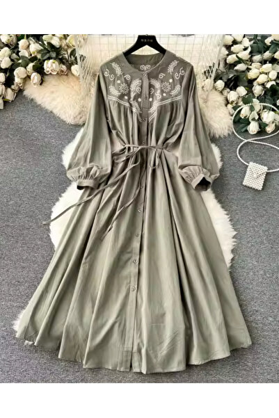 SOLOBUY Cotton Dress With Contrast Embroidery, Buttons, Belt And Pockets, Length Midi, sleeves Long