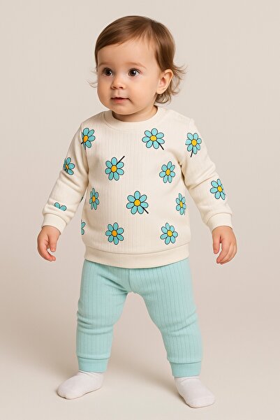 Daisy Reported Ribbed Sleeve Detailed Baby Girl Set Monthly Seasonal 2pcs Top and Bottom 3-6-9-12months
