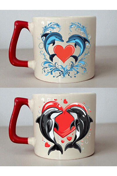lili hediyelik Heart and Dolphin Printed 2-Piece Mug - Baby Girl Gift, Tabletop Gift, Gift for Teacher