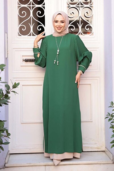 N.S NEVA STYLE Green Hijab Dress with Necklace 76881Y