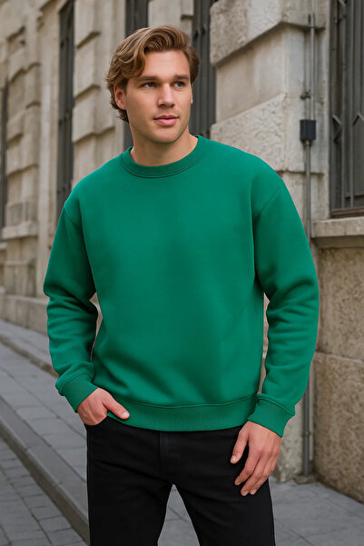 COMBİNE MİCHAİL سويت شيرت رجالي ذو ياقة دائرية فضفاضة باللون الأخضر