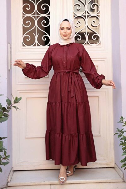 N.S NEVA STYLE Buttoned Burgundy Hijab Dress 30391Br