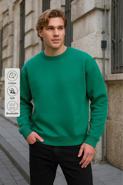 COMBİNE MİCHAİL سويت شيرت رجالي ذو ياقة دائرية فضفاضة باللون الأخضر