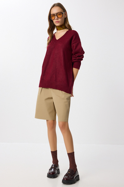Lovelyİstanbul Pulover oversize cu decolteu în V din tricot moale LXP0001 MAROON