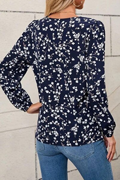 Mossta V-подібний комір, блуза з квітковим принтом, модальний матеріал - темно-синій
