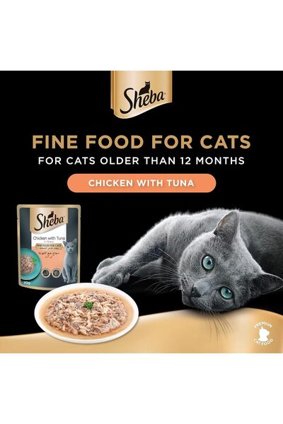 SHEBA طعام القطط الفاخر من رغيف الدجاج مع التونة، مع الفيتامينات والمعادن الأساسية، عبوة من 12 قطعة × 70 جرام