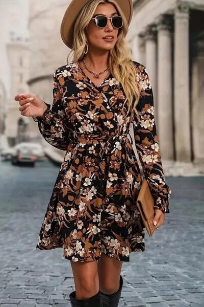 Mossta Double-Breasted Collar Patterned Mini Single Jersey Fabric Dress - Brown