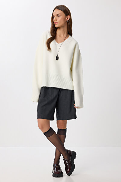 Lovelyİstanbul Oversize V Yaka Yumuşak Triko Kazak LNS0081 EKRU