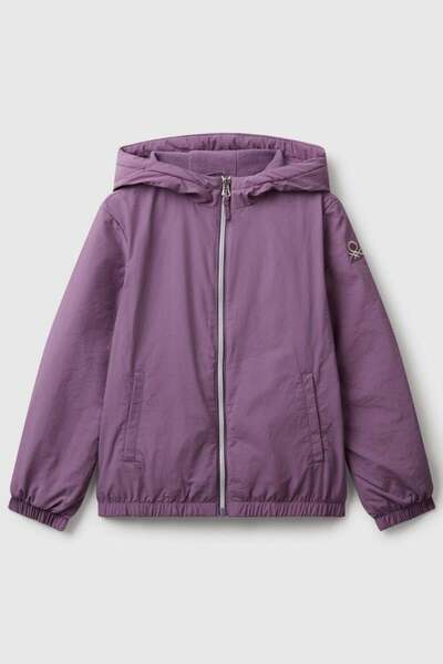 United Colors of Benetton Κοριτσίστικο μωβ ασημί λογότυπο με λεπτομέρεια και τσέπες, με κουκούλα, αδιάβροχο από ζέρσεϊ