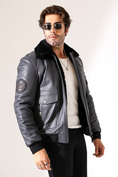 By Marki Marki Erkek Hakiki Kürklü Deri Ceket Gri Renk Fermuarlı 70 cm