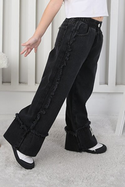 CC Design Premium Kalite Siyah Geniş Paça Jean Denim Kız Çocuk Pantolon