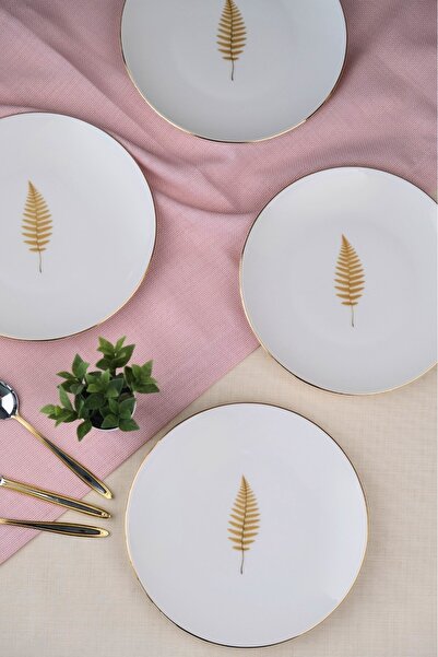 tabakevi Tabak Evi Porcelain Natura Fern Gold Gilded Cake Plate 20.50cm Set of 4