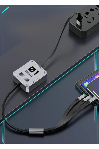 MATECHNO 100W Geri Çekilebilir Makaralı Çoklu Şarj Kablosu Alüminyum Kutu Lightning Micro Type-C Şarj Kablosu