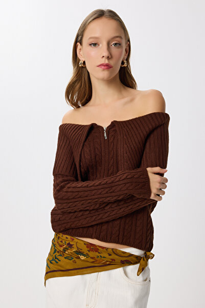 Lovelyİstanbul Açık Omuzlu Fermuarlı Triko Hırka LPF0111 KAHVERENGİ