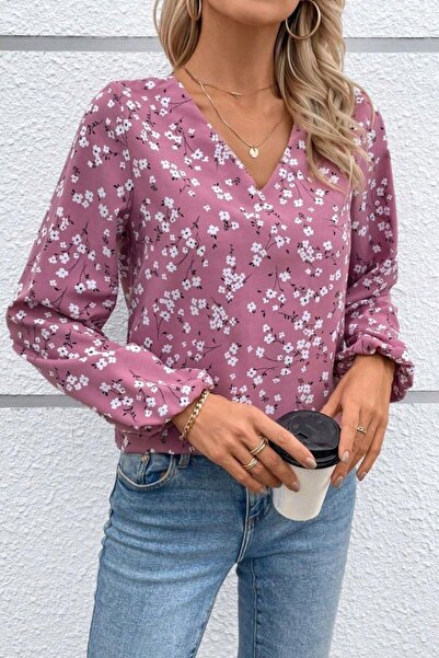 Mossta V-Neck Floral Patterned Modal Blouse - Pink