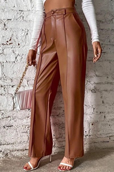 Mossta High Waist Wide Leg Leather Pants - Brown