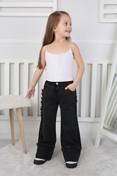 CC Design Premium Kalite Siyah Geniş Paça Jean Denim Kız Çocuk Pantolon