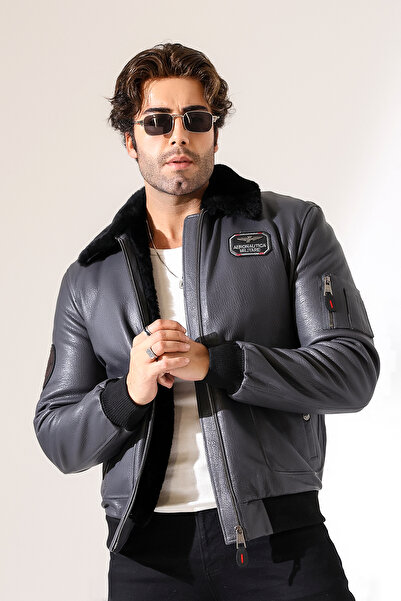 By Marki Marki Erkek Hakiki Kürklü Deri Ceket Gri Renk Fermuarlı 70 cm