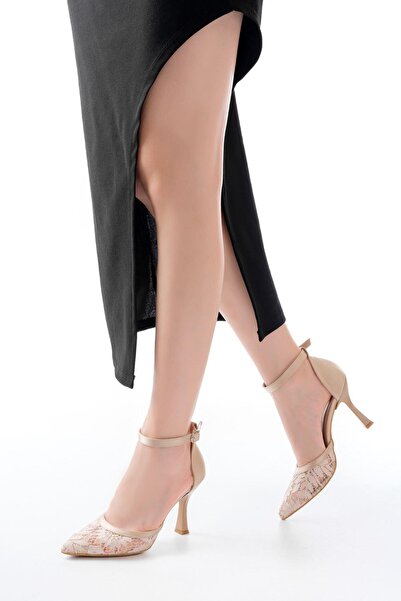 Mida Shoes K-404 Bej Fileli Çiçek Detaylı Kadın Topuklu Ayakkabı