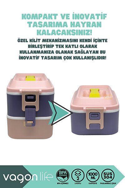 Vagonlife Bento 1000ml Lunchbox New Collection 2 Layer 3 Compartment Stainless Steel Lunch Box Food Container