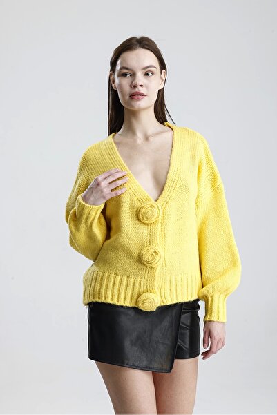 Lusin Women's Yellow Stylish Gray Knitwear Cardigan with Rose Detail