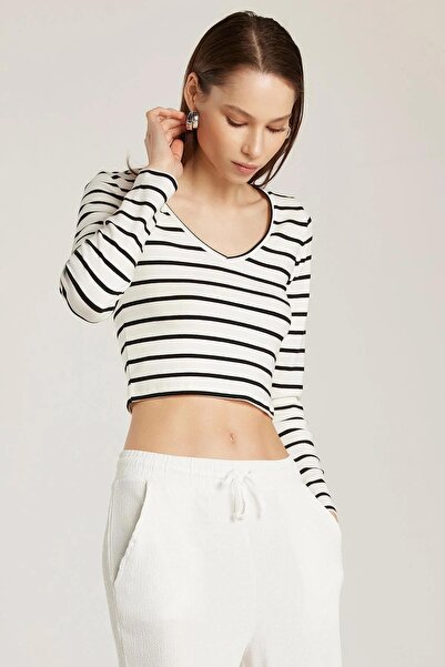 TENA Women's Ecru-Black Long Sleeve Wide Collar Striped Blouse